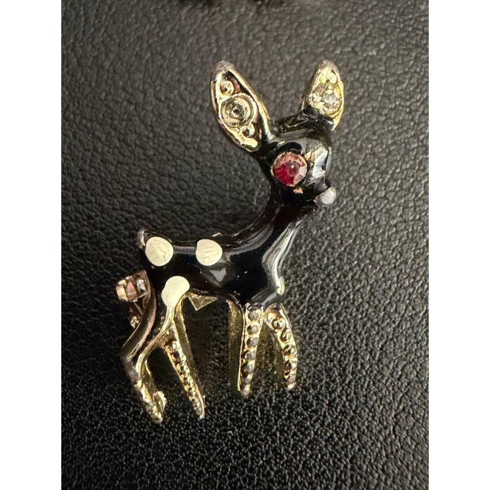 Vintage Spotted Deer Brooch Set of 2 Black Enamel Pin Mini READ - Picture 6 of 9